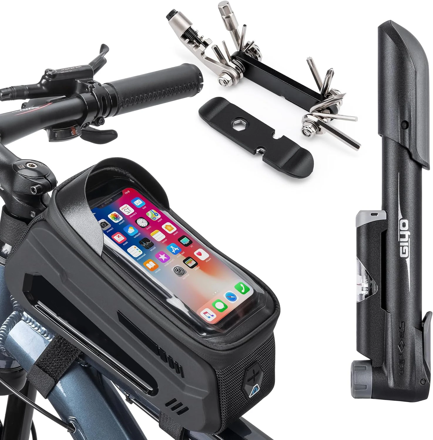 

Bicycle Mount Bag & Bicycle Tire Pump, Bike Multitool with Tyre Lever Bike Tool Kits for Repair