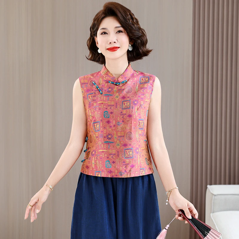 

Korean Style plus Size Women's round Neck Button up Vest Jacket Top Summer New Arrival National Style Commute Fashion