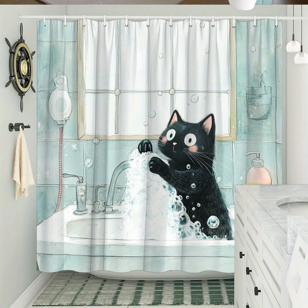 Black Cat & Bubbles Shower Curtain - Playful Cat Interacting with Bubbles in Sink Design, Whimsical Polyester Bathroom Decor