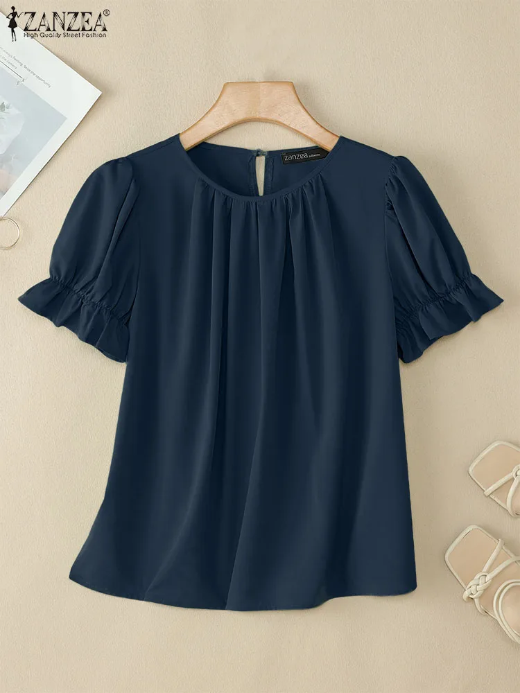 

Women Summer Blouses 2025 ZANZEA Stylish Office OL Shirts Elegant O Neck Short Sleeve Solid Blusas Casual Holiday Tops Oversize