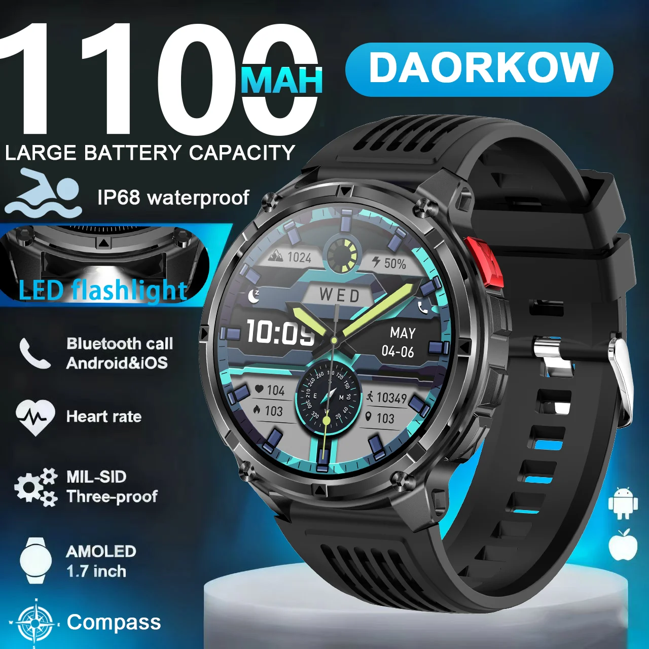 

New 1100 mah large battery men's sports and fitness LED flashlight cash detector, 3ATM waterproof Bluetooth call smartwatch