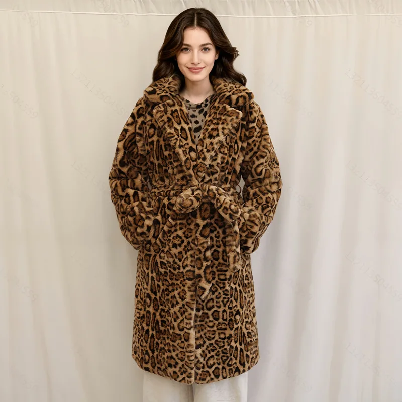 Luxury Brand Vintage Long Fur Coat Warm Winter Women Faux Fur Jacket Leopard Print Belt Thick Coats Windproof Thick Outerwear