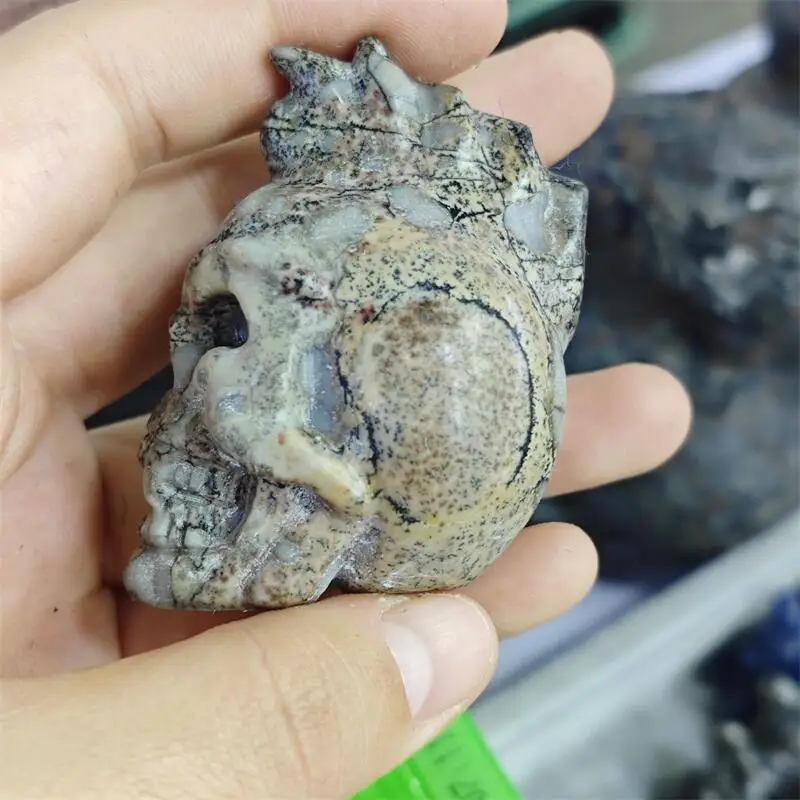 Natural Picture Stone Punk Skull Carving Reiki Figurine Home Office Desktop Decoration DIY Holiday Gift 1PCS