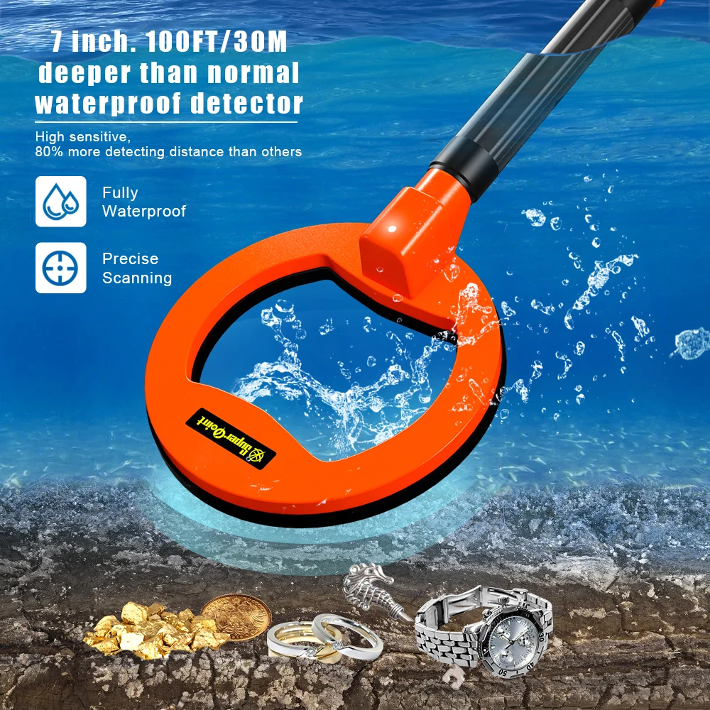 Detector de Metales portátil, buscador de tesoros submarino recargable, bobina de búsqueda de 60m, bobina de pulso Pinpointer, buscador de oro