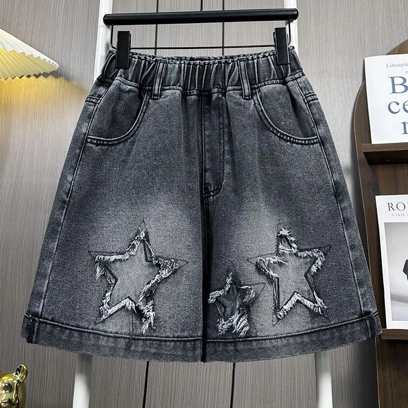 

Summer Star Patch Denim Shorts for Women Elastic Waist Black 5XL Loose shorts American Casual Fashion Female Jeans
