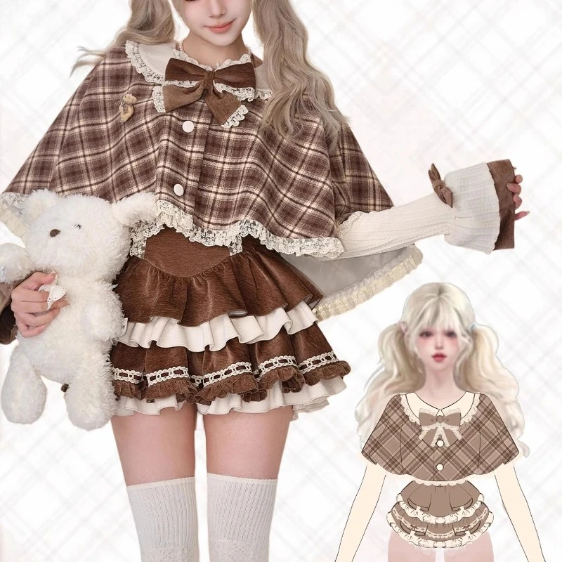 Women Kawaii Plaid Cloak Coat Knitted Top Short Party Dress Vintage Suit Korean Y2k Cape Outfits Sweet Lolita Style 3 Piece Sets