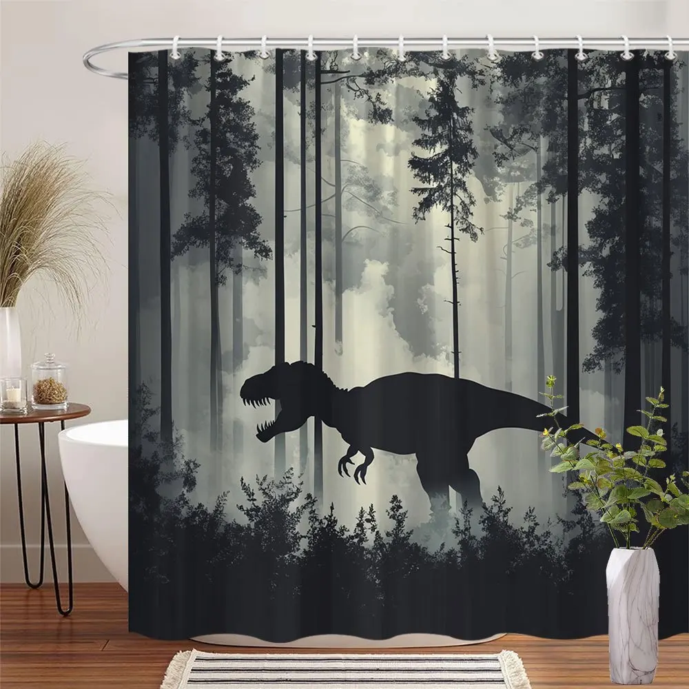 1pc Horror T-Rex Dinosaur Shower Curtain in Misty Forest - Realistic Jurassic Design with 12 Hooks, 70x70 Inches, Dark Trees and