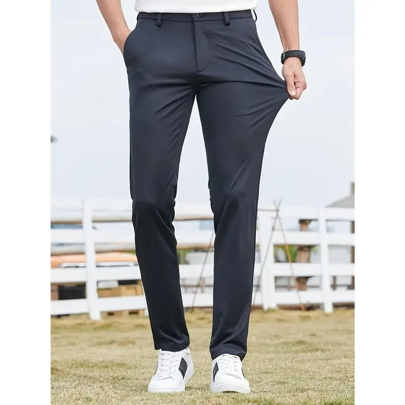 

Ice Silk Straight Trousers Men's Business Casual Pants Mid-Calf Length Side Buckle Detail Other Fabric Neutral Spring Season
