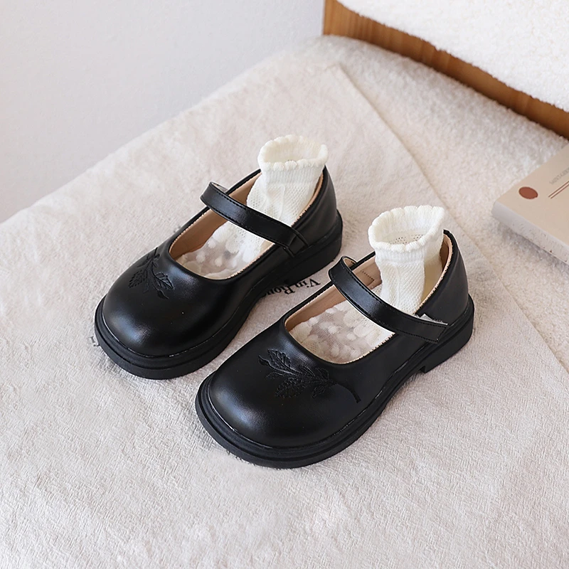 

Girls Leather Shoes School New Children Black Mary Jane Shoes Princess Embroidered Kids Fashion Performance Uniform Flat Shoes