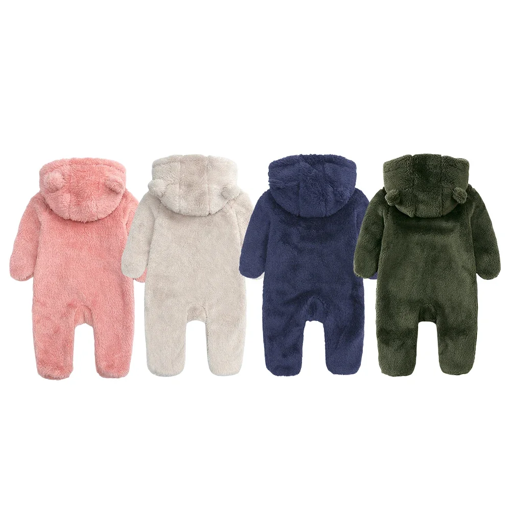 2025 Warm Footed Baby Romper Zipper Closure Fall Newborn Bear Ear Hooded Fuzzy Onesie Outfit Infant Boys Girls 100 Days Jumpsuit