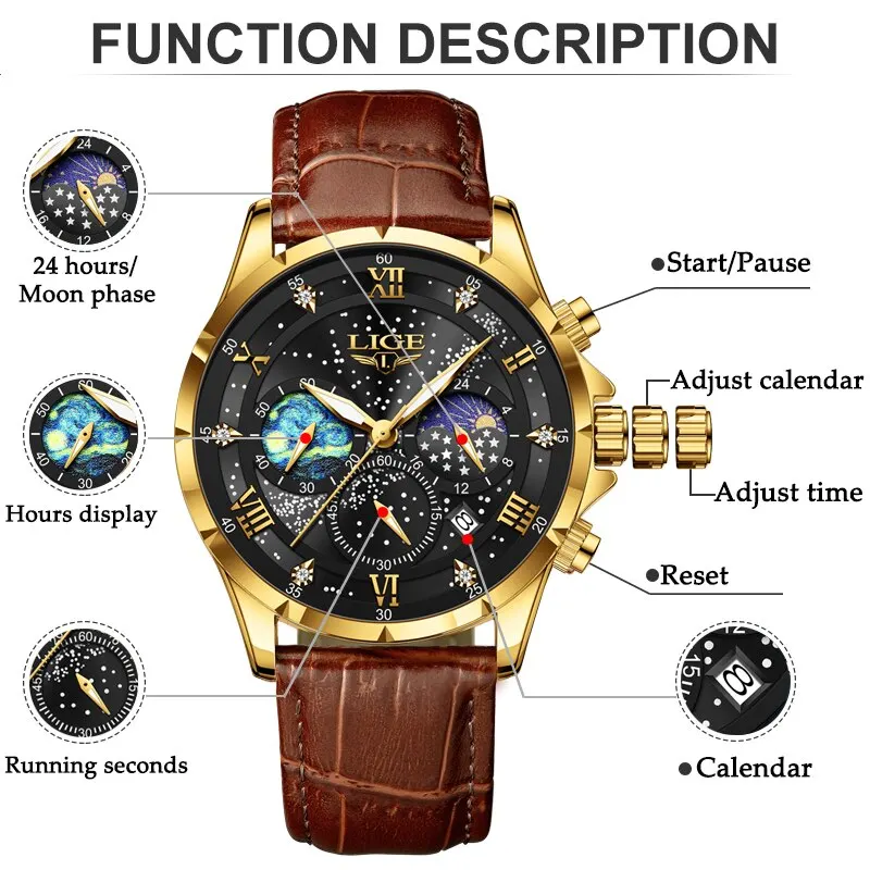 LIGE 2024 Top Luxury Brand Men Genuine Leather Sports Watches Men\'s Army Military Watch Male Date Quartz Clock Relogio Masculino