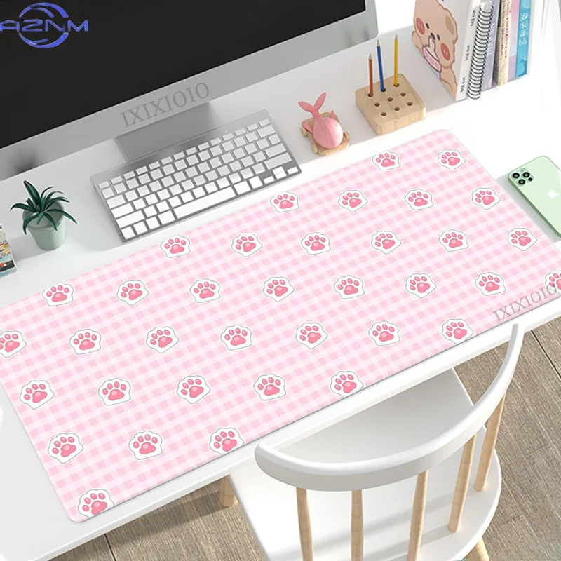 Pink Gingham Floral Large Mouse Pad, Cute Small Flower Pattern Non‑Slip Rubber Extended Desk Mat for Girl Office Decor