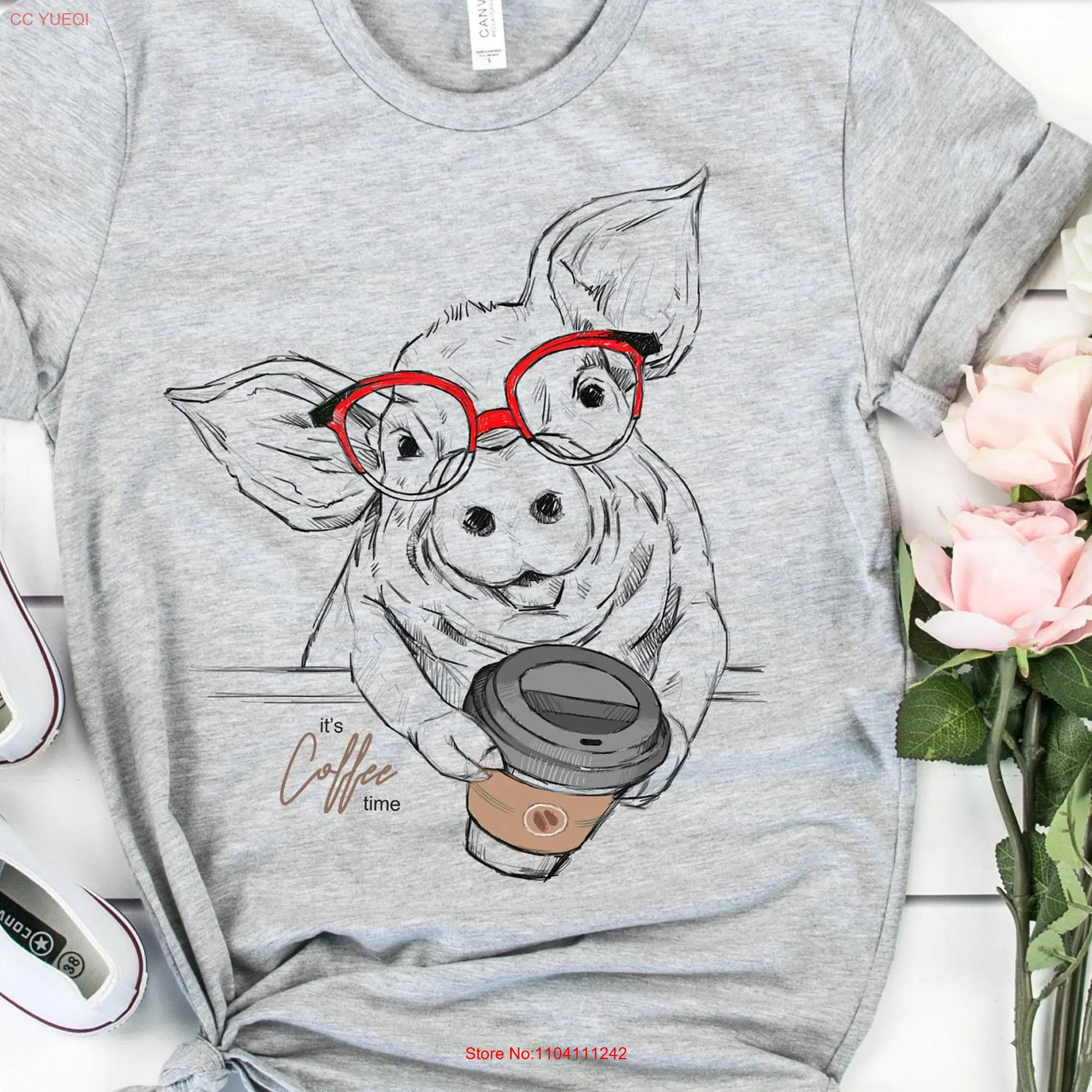 Pig Coffee T Shirt Cute Farm Funny Animal Lover Glasses Pet long or short sleeves