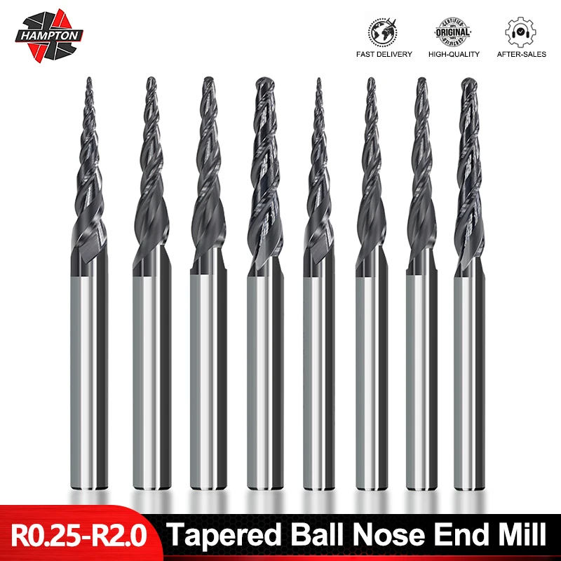 

HAMPTON Milling Cutter 2 Flute Tapered Ball Nose End Mill Radius R0.25-R2.0mm CNC Router Bit For Wood CNC Engraver Carving Bit