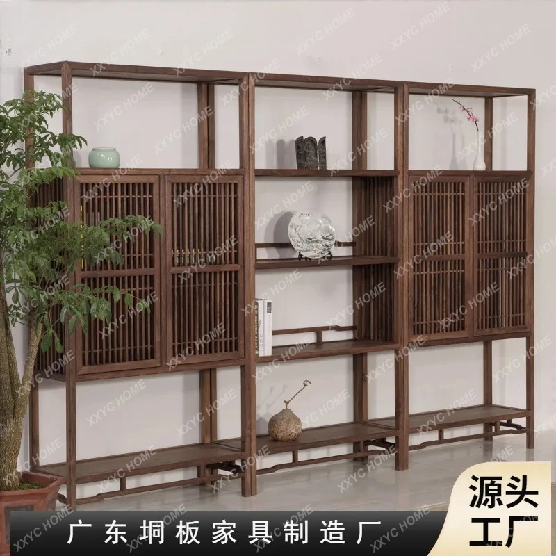 LBlack walnut bookshelf Zen simple tea display cabinet paint-free old elm shelf new Chinese style