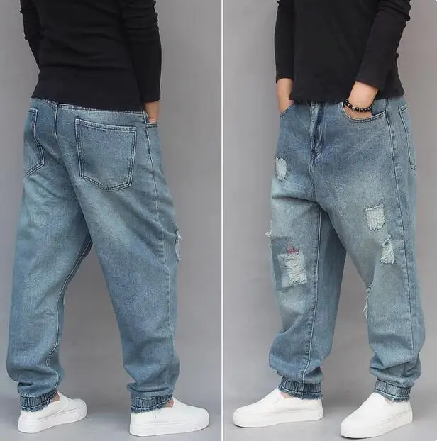 Men's Street Dance Baggy Jeans Loose Hip-hop Denim Taper Pants Street Small Footed Harem Ripped Jeans