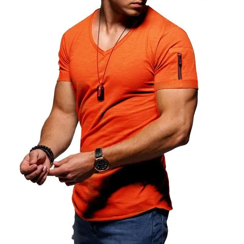 new Men T-Shirt Solid Color Zip Pocket V Neck Short Sleeve T-shirt Fit Plus Size Tee stylish Top Summer 2021