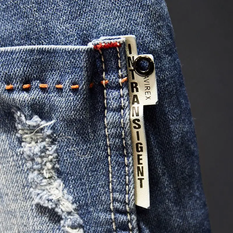 Amerikanische elastische gerade Jeans für Herren, zerrissene, abgenutzte Slim-Fit-Baumwoll-Denim-Hosen, koreanischer Stil, modische Hosen, Herrenbekleidung – Detail 21