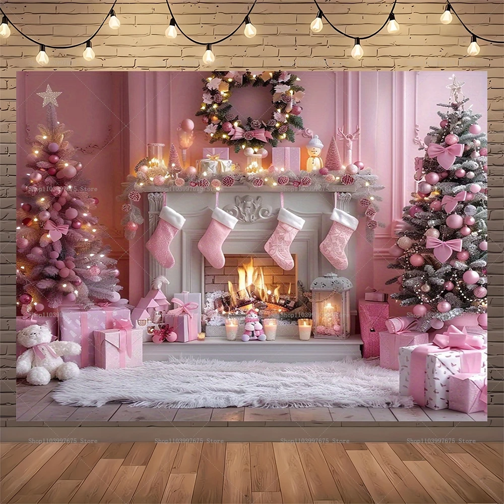 Pink Christmas Backdrop Xmas Tree Fireplace Gifts Box Photography Background Family Party Baby Shower Banner Decor Photo Studio