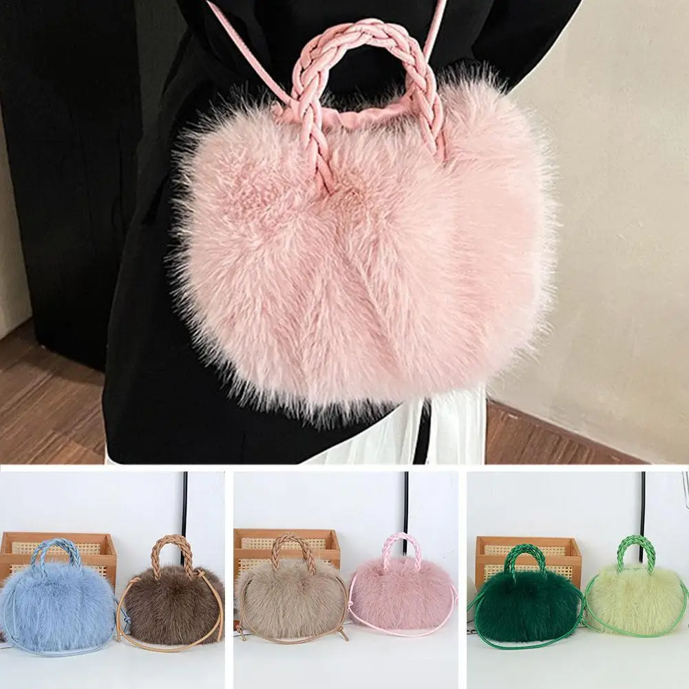 Cute Pumpkin Bag Faux Fur Tote Bag Women's Bucket Plush Luxury Design Ladies Handbags Soft Winter Sweet Girl Handbag