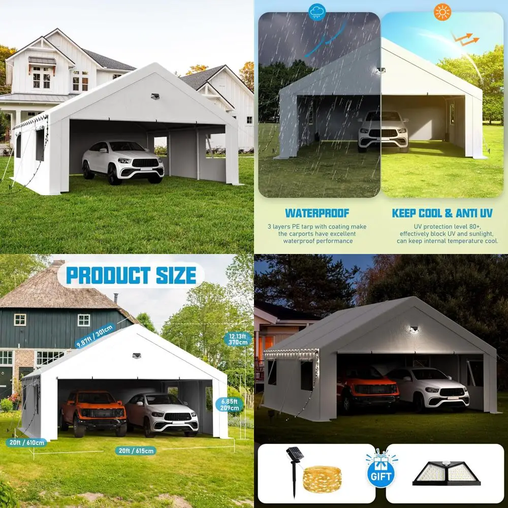 

20x20 carport, heavy duty carport canopy garage with removable sidewalls and drive through roll up zipper doors, white