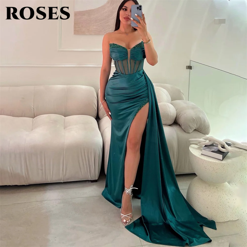 Rosen Fuchsia Ballkleid Schatz ärmelloses Abendkleid mit transparentem Korsett Satin Party kleid sexy seitlich gespaltene Trompete 프Sheng 드레스