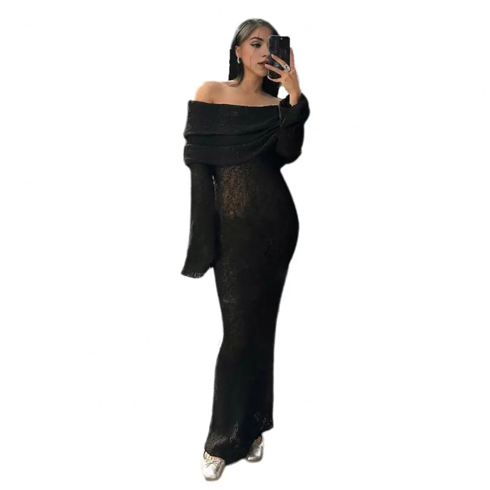 Robe longue en tricot à manches longues pour femmes, robe transparente ajourée, robe initiée pour les fêtes, fête, club, vêtements élégants