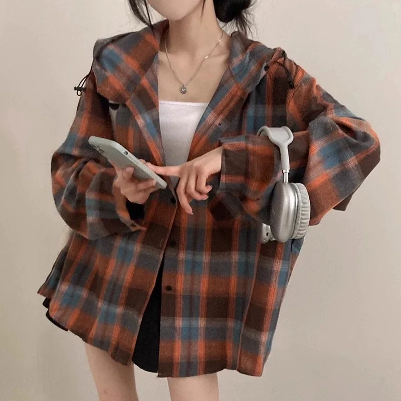 Clothland Women Elegant Plaid Hooded Jacket Oversized Style Long Sleeve Checkered Outwear Shirt Loose Coat Mujer CB115