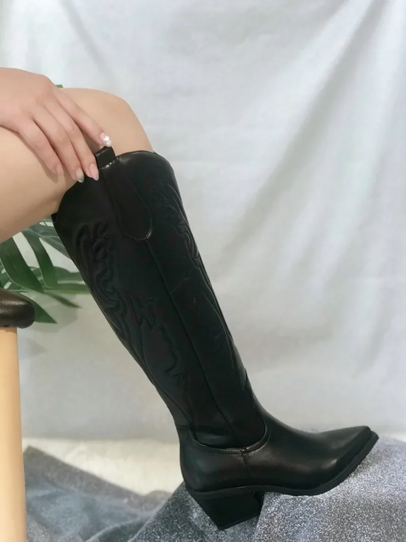 Retro Autumn Winter White Knee High Boots Big Size 41 Women Comfy Walking Female Western Cowboy Boot For Dropshipping Shoes