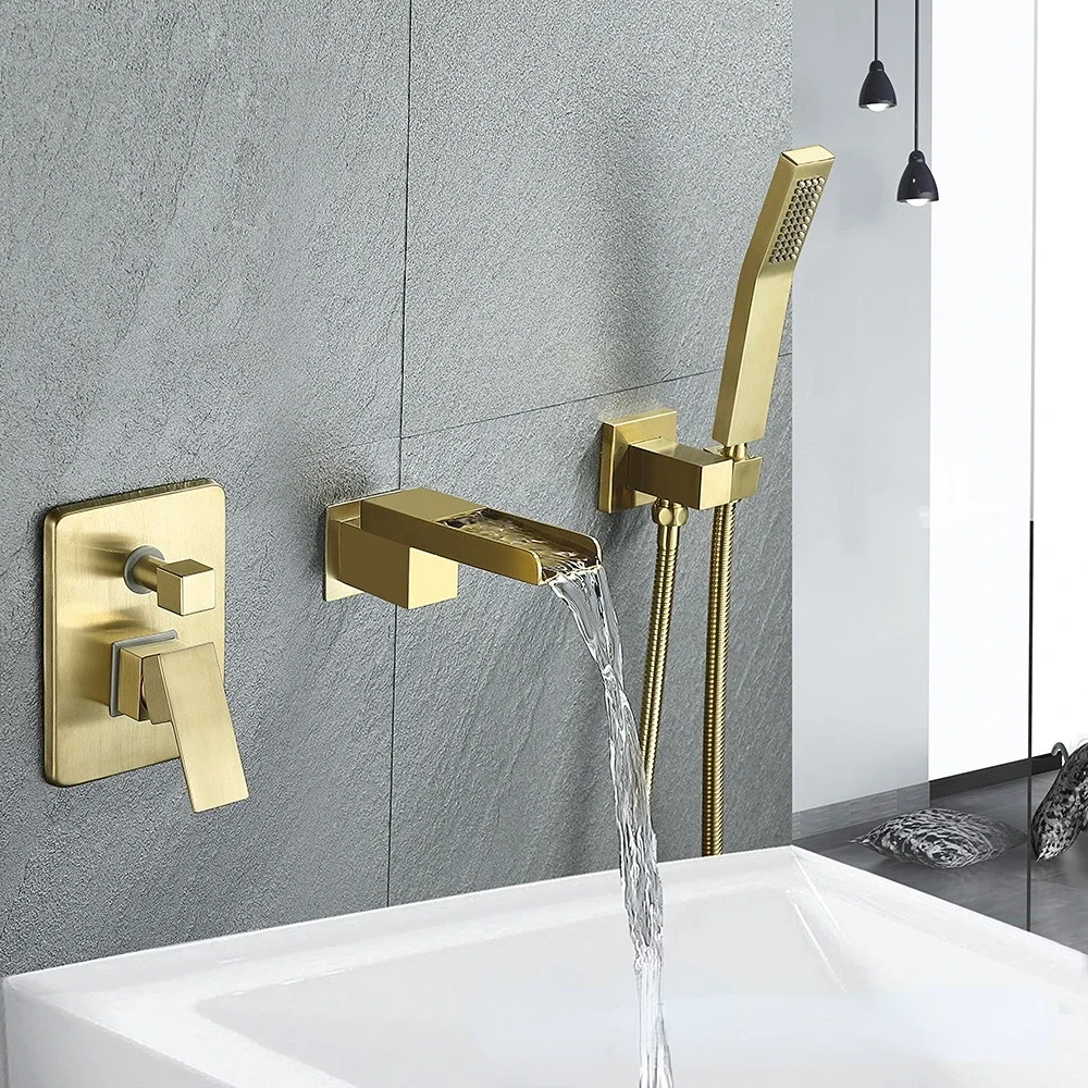 Brushed Gold Brass Wall Mounted Bathtub Waterfall Faucet Three-piece Set With Rain Handheld Shower Sprayer Water Mixer Tap