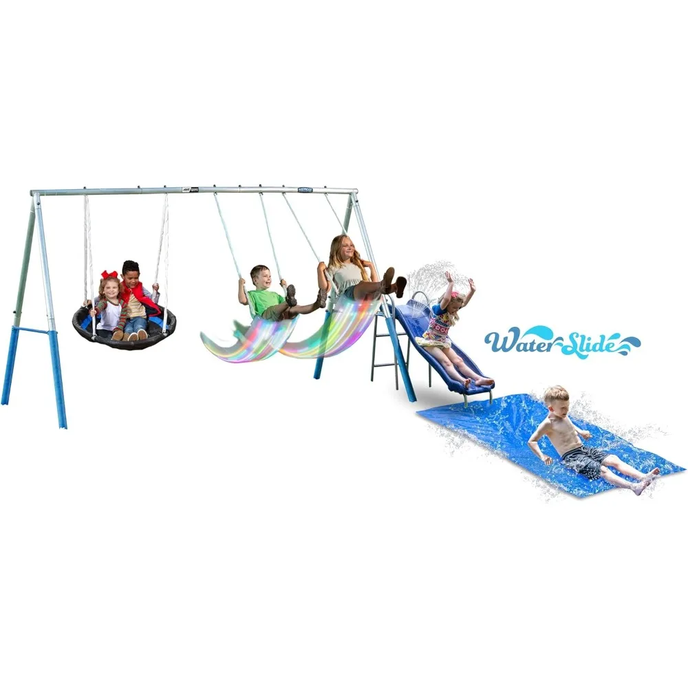 

Firefly Water Park: 5-User, 4-Station Metal Swing Set with 5-Foot Slide, LED-Illuminated Swings and Protective Ground Cover, 148