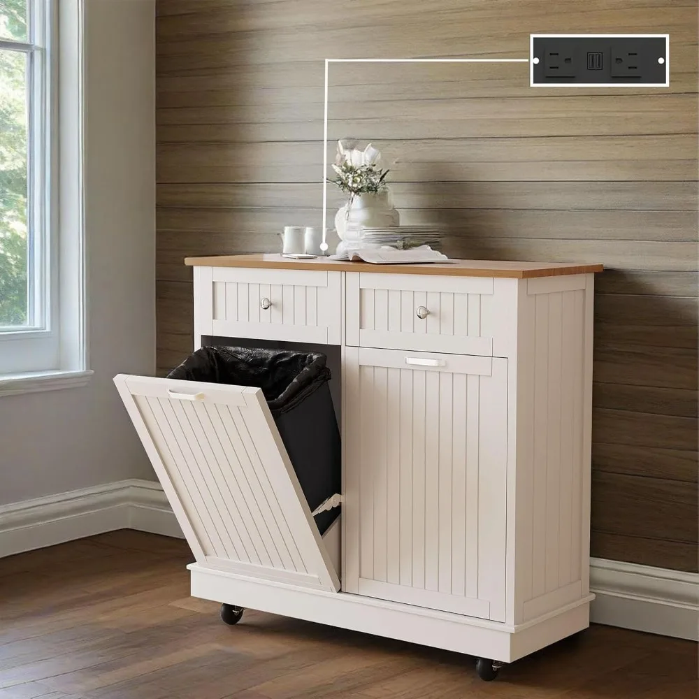 

Wooden Tilt-Out Trash Cabinet for Kitchen with Hidden Drawer and Freestanding Laundry Hamper