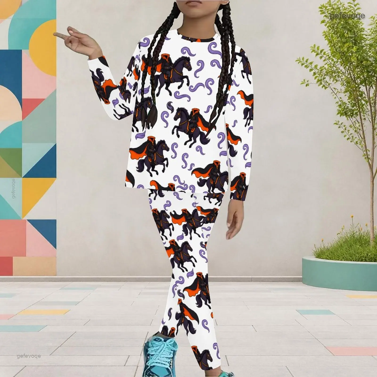 Autumn Graphic Print Girls Two Piece Set Turtleneck Cartoon Monster Children Clothing Halloween Party Wear