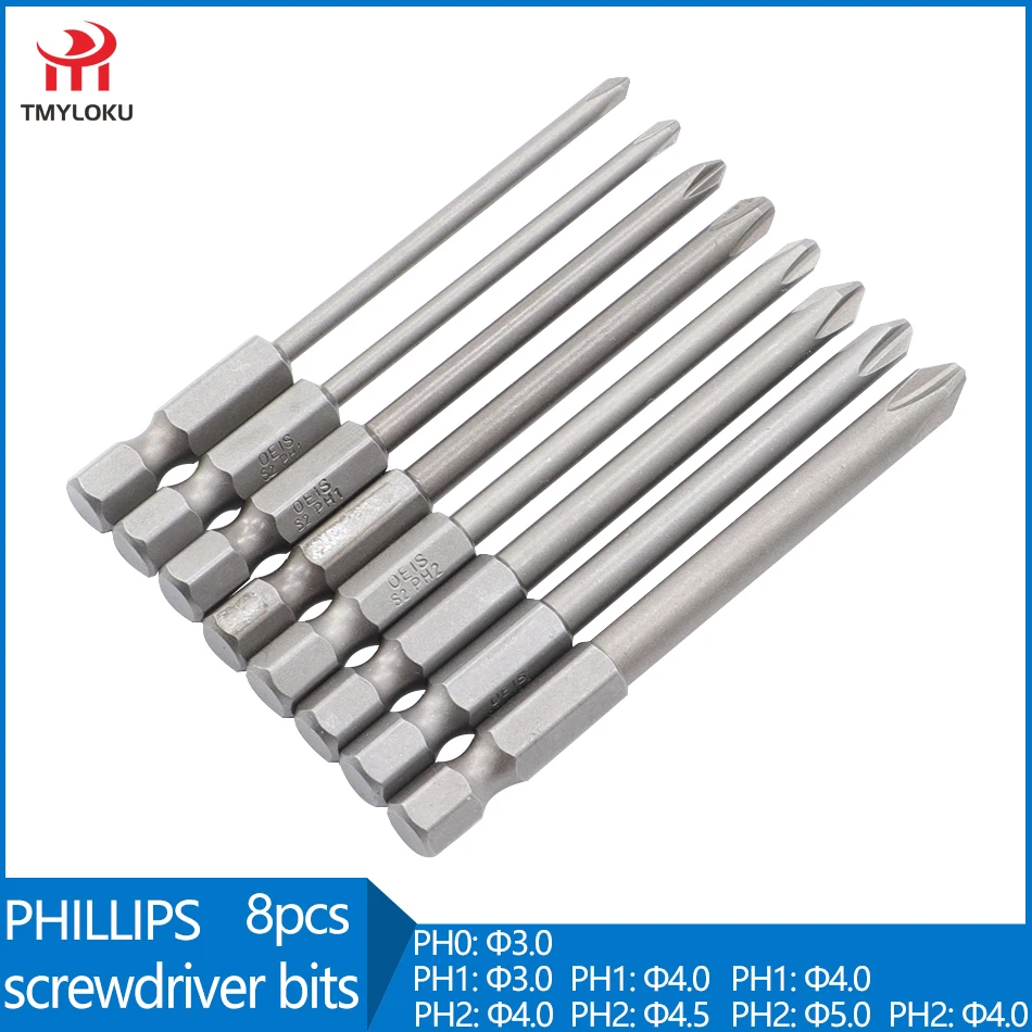 

75mm Phillips screwdriver head 8pcs S2 alloy steel screwdriver head with magnetic PH0 PH1 PH2