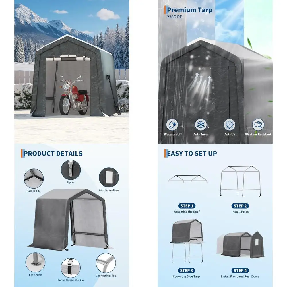 

Портативный навес для хранения на открытом воздухе размером 6x8 футов с подвижной дверью, вентиляцией и сверхпрочным водонепроницаемым полиэтиленовым брезентом для защиты от ультрафиолета