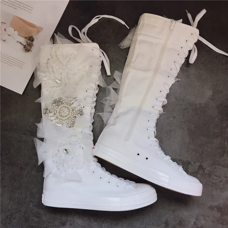 White Canvas High Tops Lace Up Women\'s Sneakers Cool Motorcycle Ladies Knee High Boots Luxury Rhinestone Casual Vulcanized Shoes