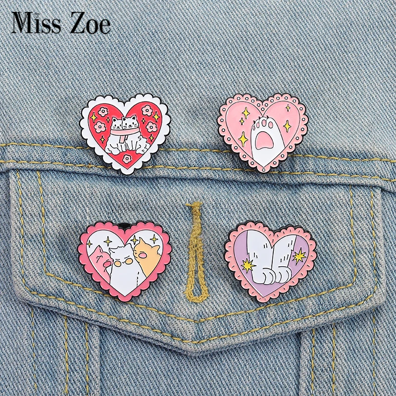 Niedliche Katzenherz-Emaille-Anstecknadeln, individuelle rosa Katzenpfoten-Broschen, Anstecknadeln, Kleidung, Tierschmuck, Geschenk für Kinder und Freunde