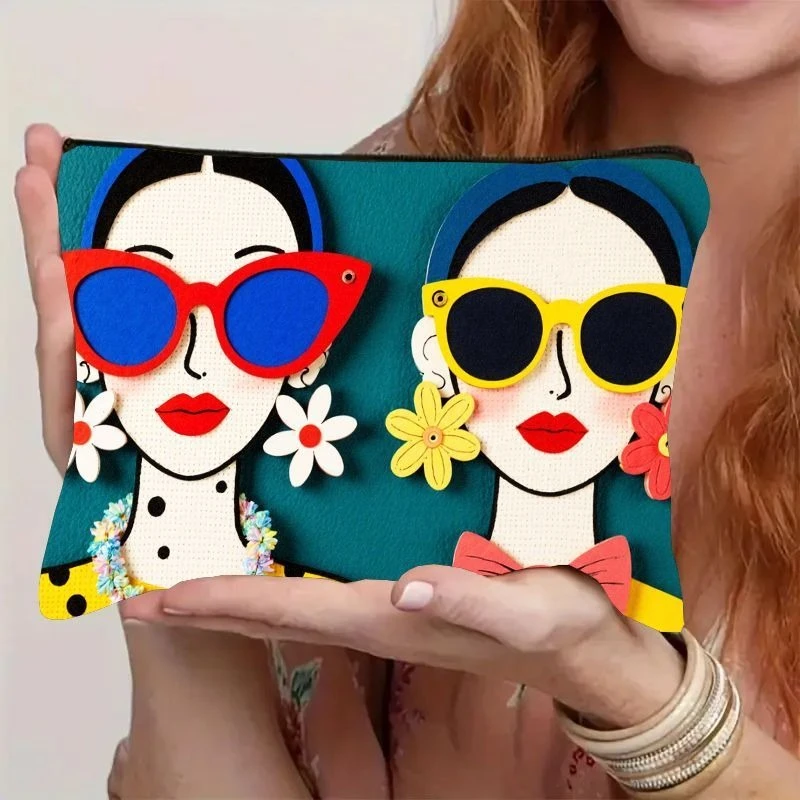1 Stück Make-up-Tasche für Damen mit Reißverschluss – niedliche Cartoon-Gesichts-Clutch-Geldbörse, blaugrüner Hintergrund und roten/blauen/gelben Blumenakzenten – Detail 1