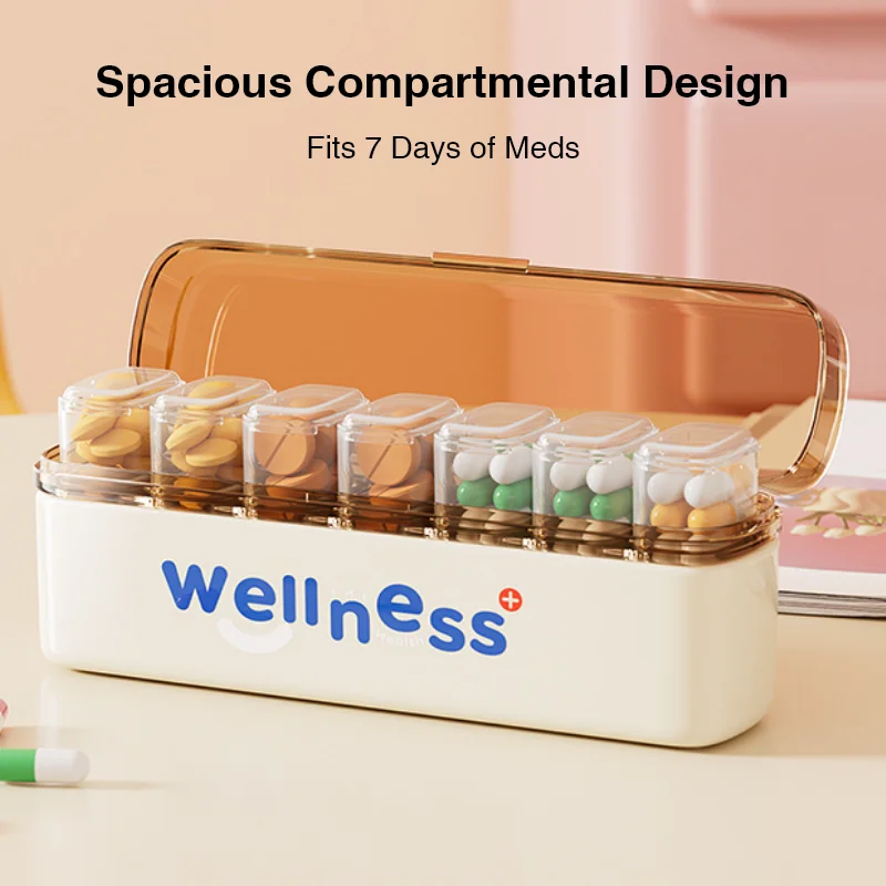 Portable Weekly Pill Box 7 Day, Small Individual Daily Medicine Organizer for Travel, Easy Open Supplement Case for Pills & Caps