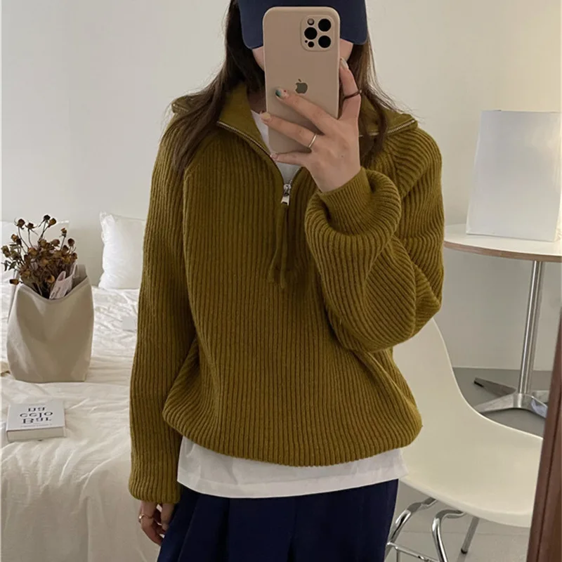 

Lapel short knit pullovers women fall winter Korean loose long sleeve sweaters top 6 colors