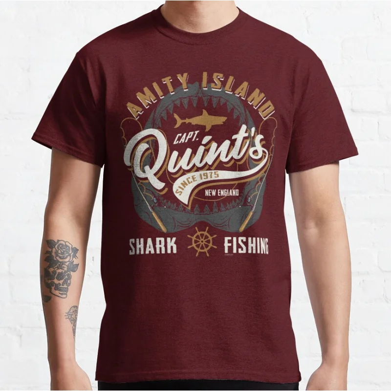 Quint's Shark Fishing Jaw Mouth Retro sea Shark ocean animal Short-sleeve crewneck T-shirt for men large size Adult Tops S-6xl