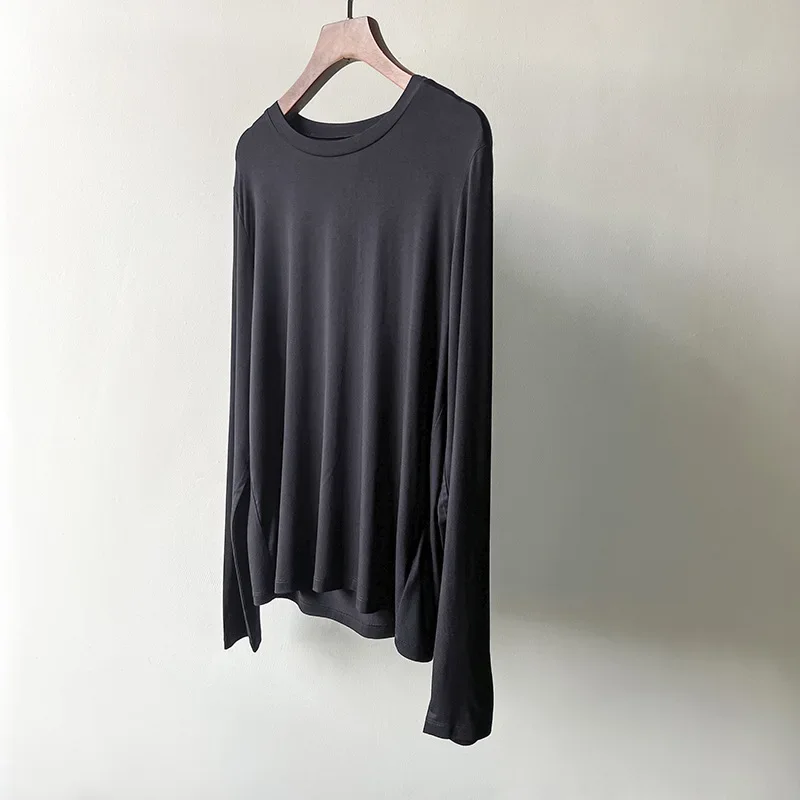 Organic Bamboo Fiber Stretch Long Sleeve with Layerer Bottom Thin Slightly Transparent Round Neck Basic T-Shirt