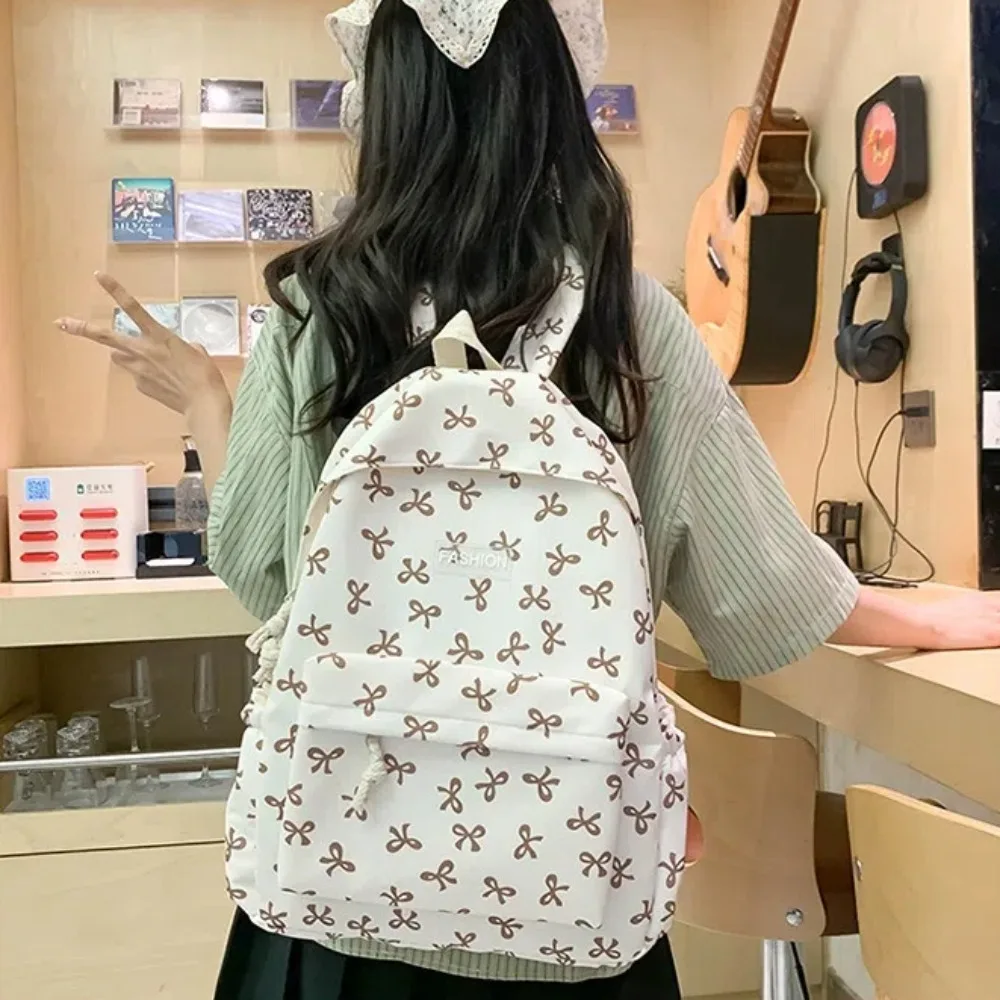 Nylon Student Backpack Bow Printed for Girls Women Schoolbag Adjustable Strap Travel Bag Cute Knapsack