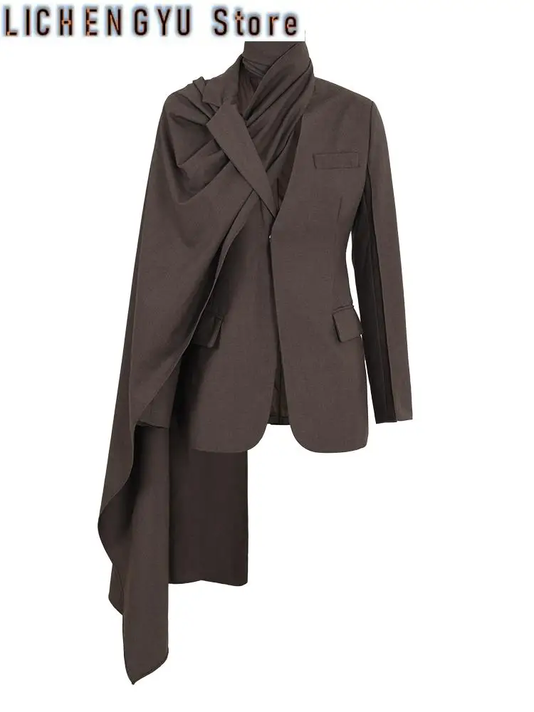 Women Apricot Irregular Big Size Elegant Blazer New Scarf Collar Long Sleeve Jacket Fashion Spring Autumn
