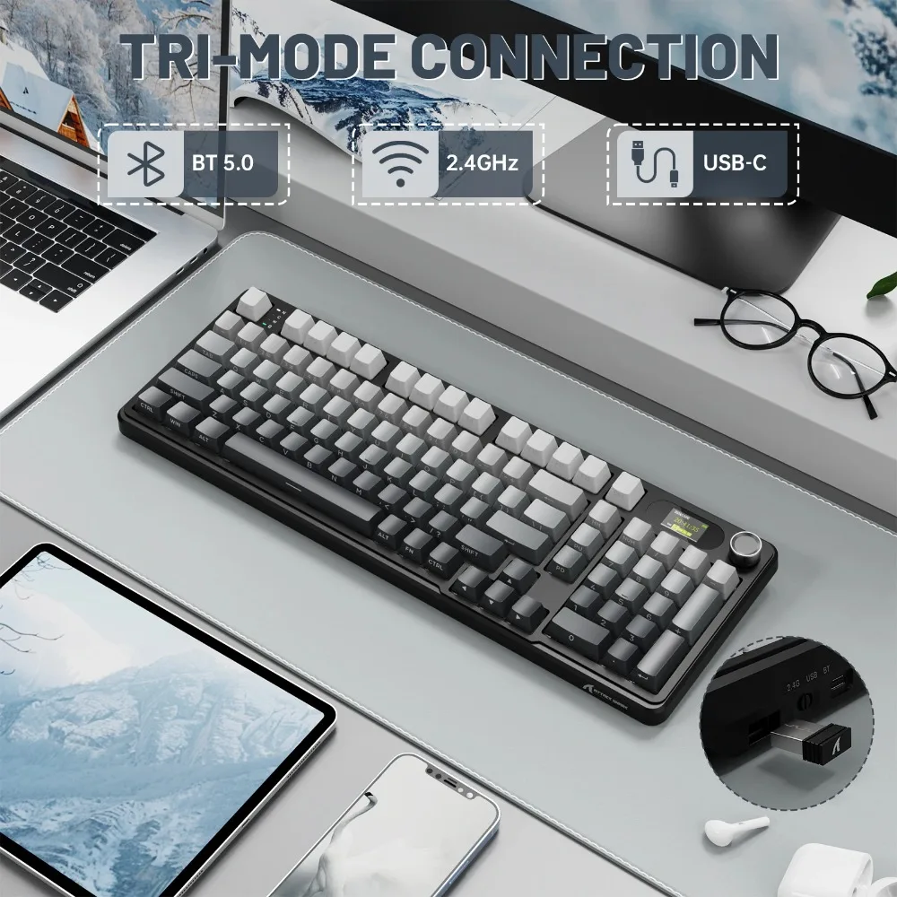 

Механическая клавиатура ATTACK SHARK X98PRO, трехрежимная прокладка RGB, раскладка 99 клавиш, игровые аксессуары с возможностью горячей замены, TFT-экраном и ручкой