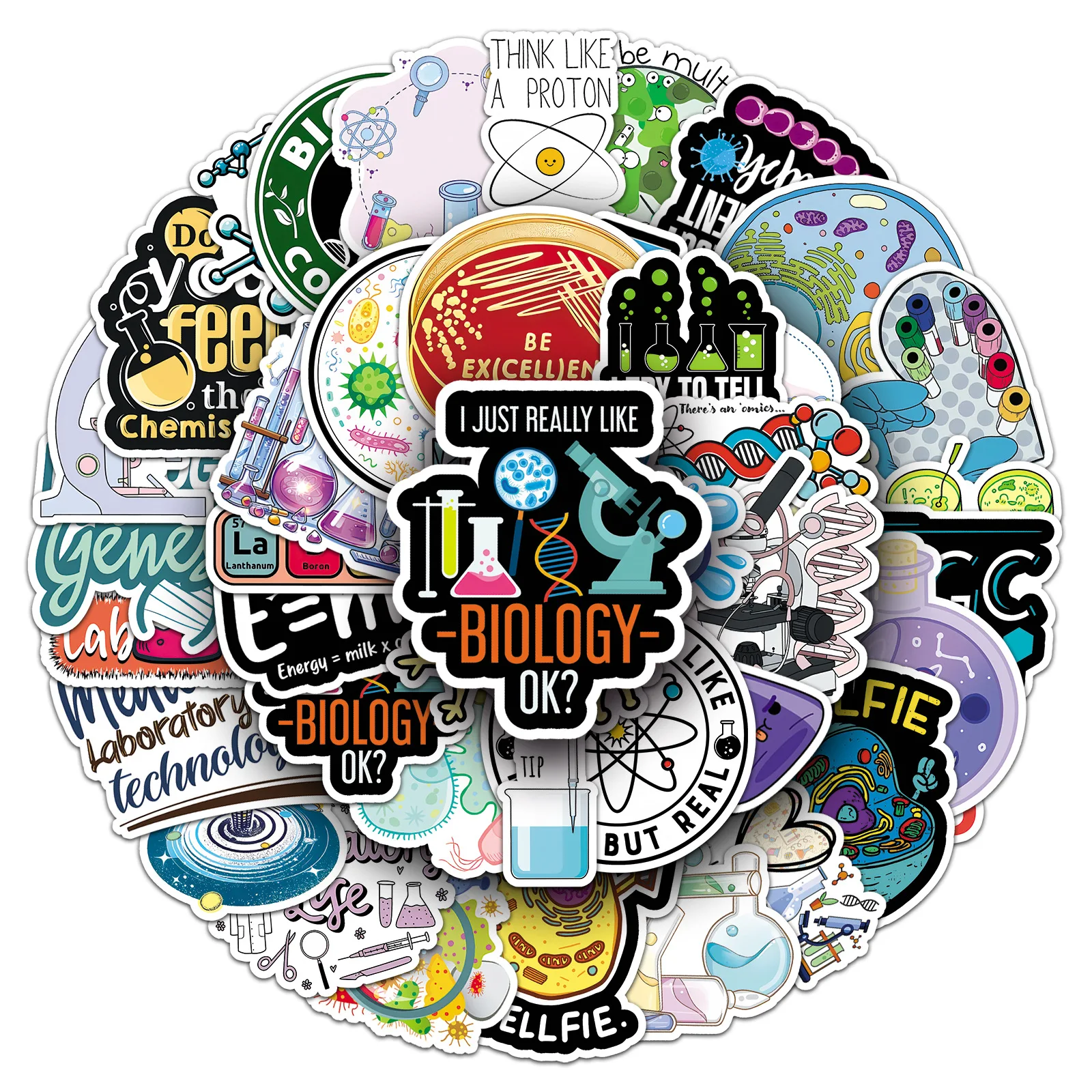 50 Pcs Science Stickers Creative Trendy Biological Molecules Personality Waterproof For Laptop Scrapbooking Water Bottle
