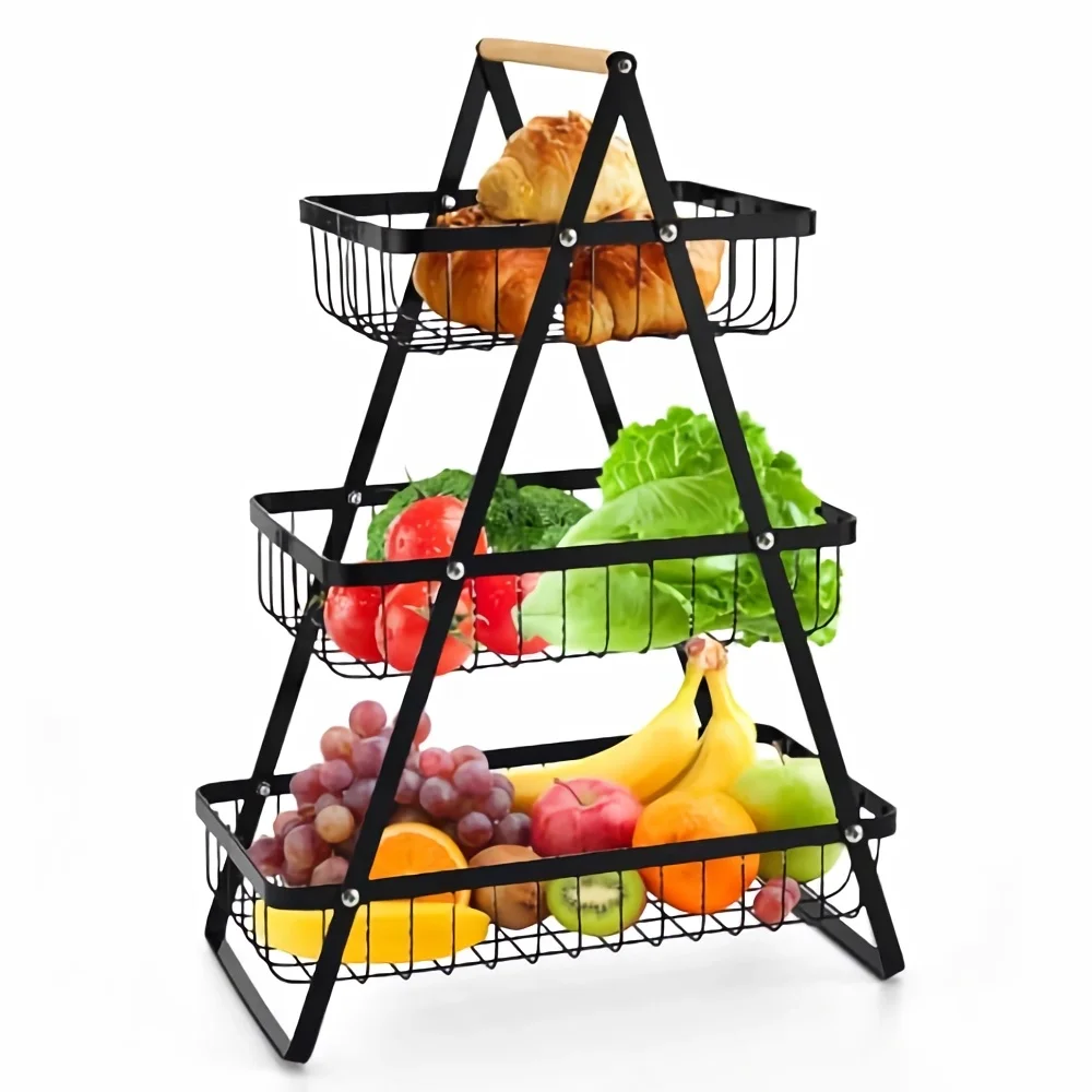 3-Tier Metal Fruit Basket Portable Kitchen Storage Countertop Shelf Rack for Fruits Vegetables Household Cosmetic Toiletries