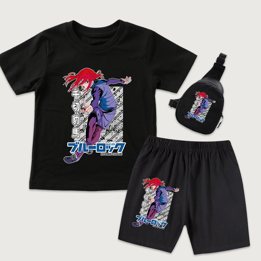 Blue Lock Hyoma Chigiri Anime Print Kids Cotton T Shirt Shorts Mini Chest Bag 3 Piece Set for Boys Girls Summer Outfit