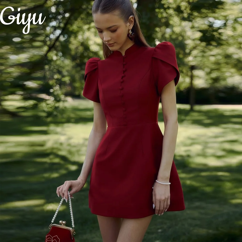 

Giyu Elegant Dark Red A-line Mini Short Prom Party Dresses Short Sleeves New Button Pleat Cocktail Formal Event Dress Customized