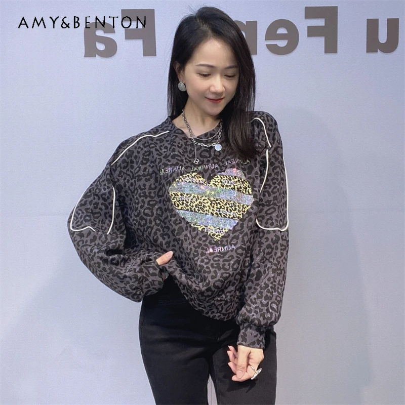 

Women's Leopard Print Short Long Sleeves Sweatshirt Autumn Heavy Embroidery Rhinestone O-Neck Versatile Korean Style Top Women